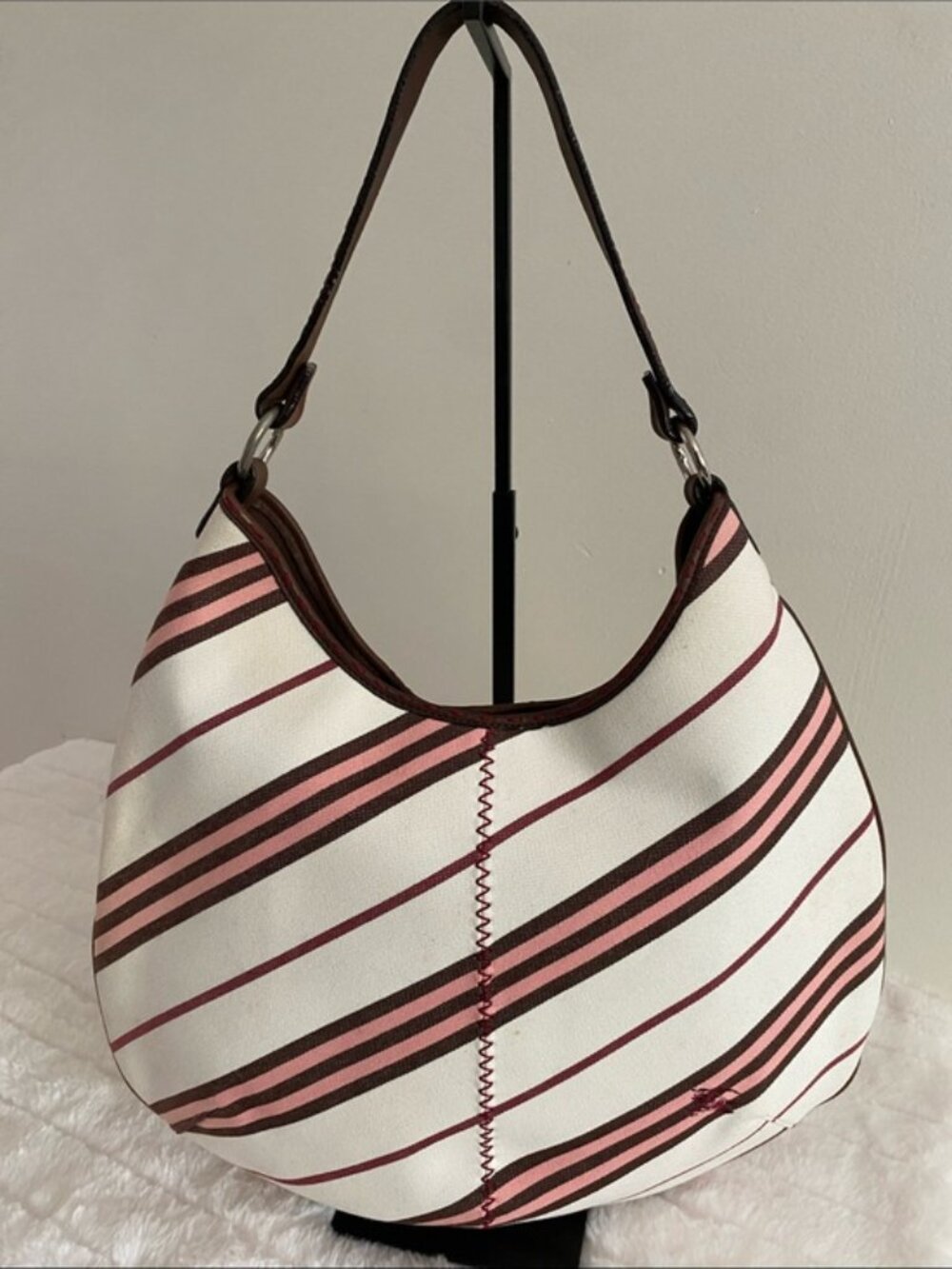 Burberry Cream, Brown, and Pink Striped Canvas Barton Hobo Bag w/ Leather Trim